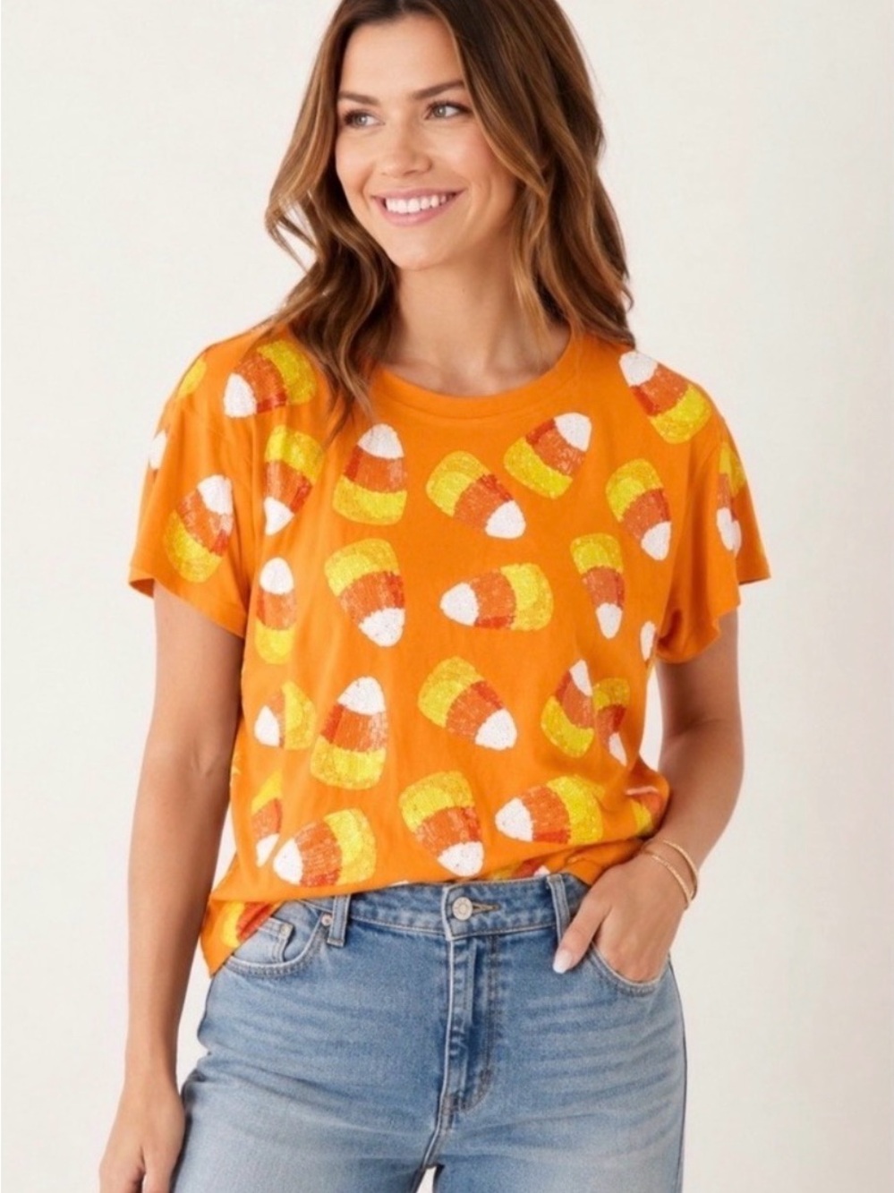 🎃Fabulous Queen Of Sparkles XL (Oversized) Candy Corn Sequined Tee EUC - Picture 10 of 10